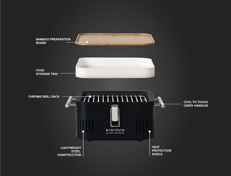 CUBE Portable Charcoal Grill, Tabletop BBQ, Perfect Tailgate, Beach, Patio, or Camping Grill, Lightweight & Compact Small Grill with Preparation Board & Food Storage Tray, Matte Black