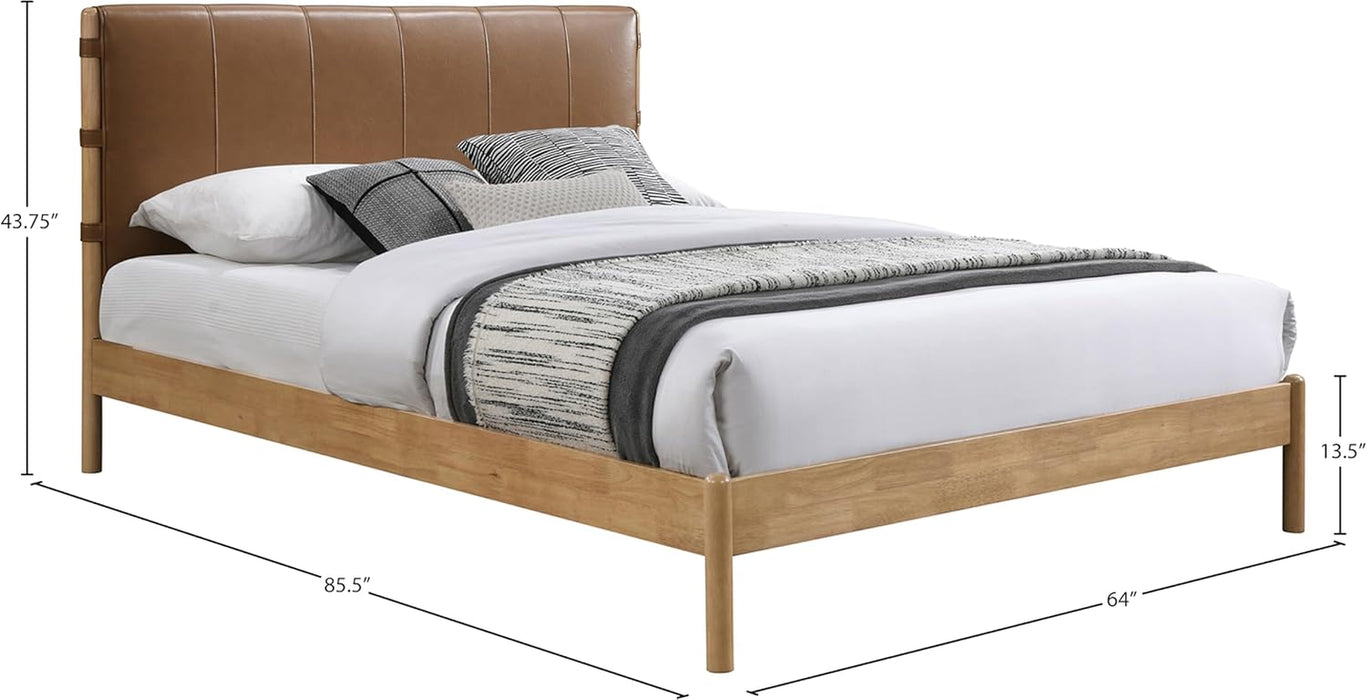 Ashercognac-Q Asher Collection Mid-Century Modern Queen Bed with Soft Cognac Vegan Leather, Solid Wood Natural Finish, 63.75" W X 85.5" D X 43.75" H, Cognac, Queen