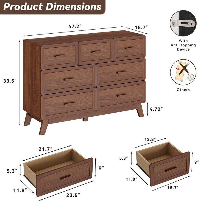 Walnut 7 Drawer Dresser for Bedroom, 47" Wide Chest of Drawers