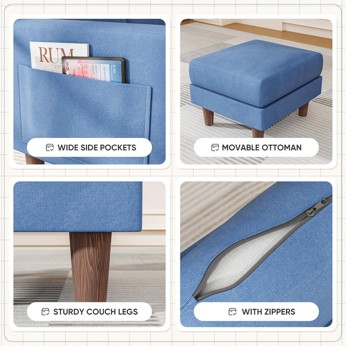 Blue Upholstered LShaped Movable Sectional Couch Ottoman