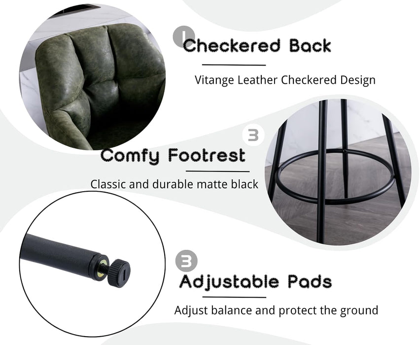 Modern Bar Stools Set of 2 Bar Height Barstools with Back and Arms High Bar Chairs with Metal Footrest Leather Upholstered Island Chairs for Kitchen Counter/Home Bar/Dining Room, Green