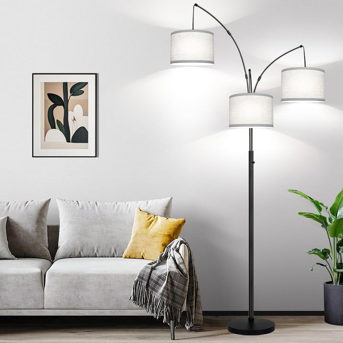 Dimmable Floor Lamp, 3 Lights Black Arc Floor Lamp, Modern Tall Standing Tree Lamp with Grey Linen Shades & Heavy Base, 3000LM LED Bulbs, Bright Lighting for Living Room, Bedroom, Office & Reading