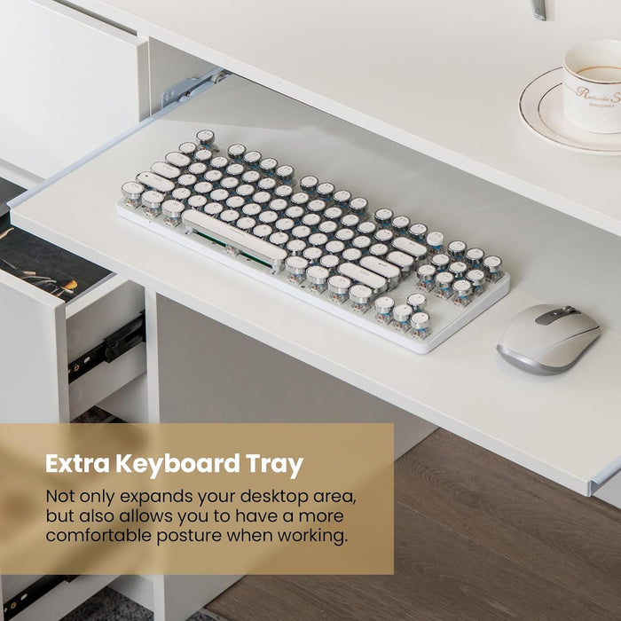 White Desk with 3 Storage Drawers & Built-In Charging Station, Home Office Desk with Keyboard Tray, PC Desk Study Writing Table, Vanity Table for Bedroom, Computer Workstation (White)