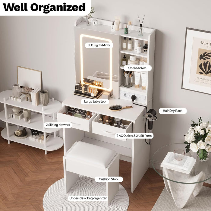 White Makeup Vanity Desk with Mirror and Lights, Vanity Table Set with Charging Station, Dressing Table with Stool, 2 Drawers, Open Shelves, Power Outlets & USB Ports, Vanity Desk with RGB Cabinets