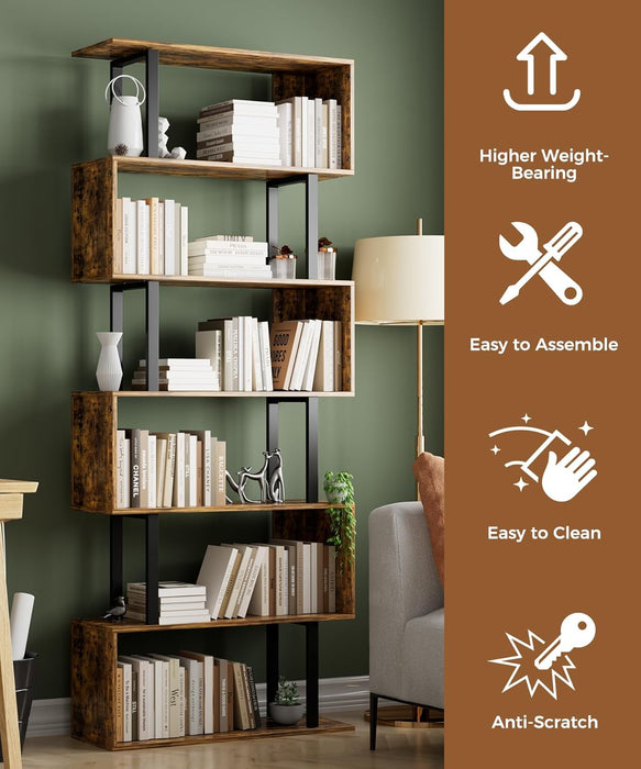 6 Tier Geometric Bookcase,S Shaped Bookshelf, Wood Decorative Storage Shelving, Modern Freestanding Display Shelves, Tall Book Shelf Unit for Living Room Bedroom, Rustic Brown