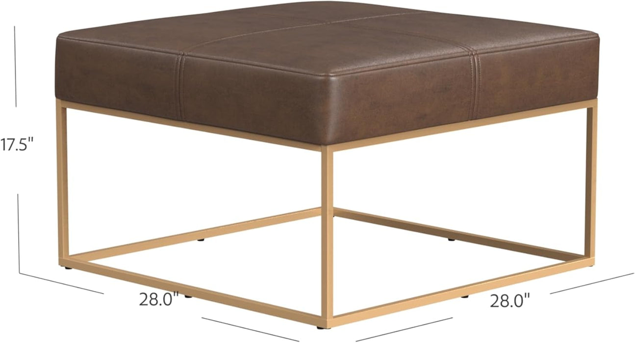 Decorative Large Square Gold Metal Ottoman | Ottoman Stool for Living Room & Bedroom | Decorative Home Furniture (Brown Faux Leather)