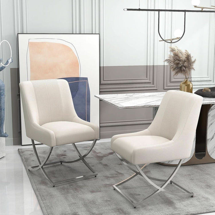 Kitchen Dining Chairs Set of 2,Accent Modern Upholstered Velevt,Contemporary Tufted Metal Chairs with X-Shaped Sliver Legs for Dining Room,Living Room, Reception Room(Beige)