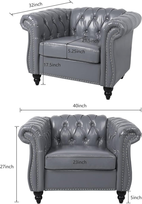 2 Piece Living Room Set, Chesterfield Leather Sofa Couch Chair with Scroll Arms and Nailhead for Living Room, Office (Grey)