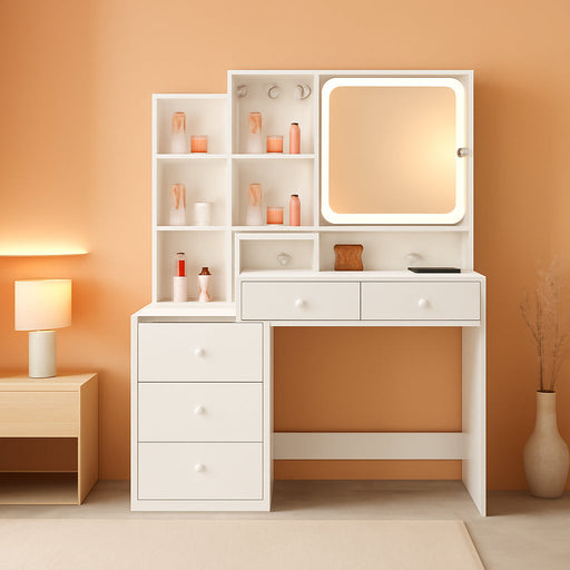Vanity Desk with Mirror and Lights,Makeup Vanity with 6 Drawers and Shelves,Dressing Table with Power Outlet,Makeup Desk with Led Lighted Mirror in 3 Colors,For Bedroom,White