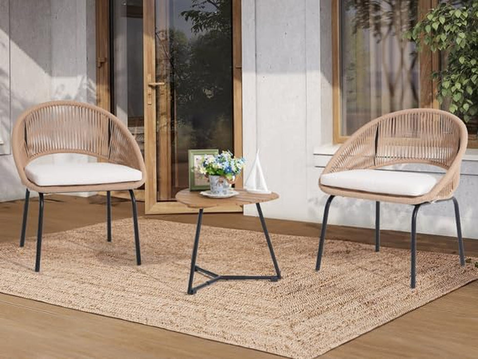 Patio Furniture Set, 3 Piece Outdoor Bistro Chair Conversation Sets Woven Rope with Wood Coffee Table for Yard Backyard Lawn Garden Porch Backyard Deck Poolside Balcony