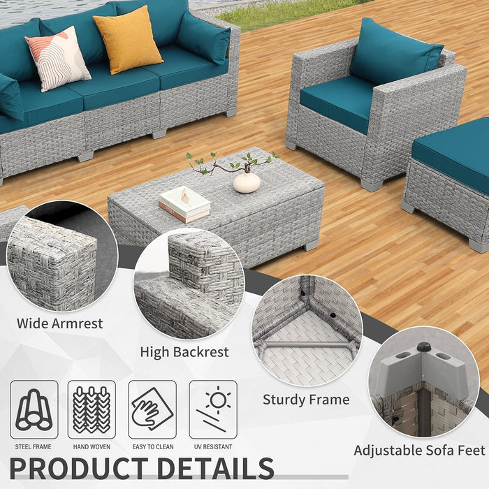 Patio Furniture Set 6 Piece Outdoor Patio Set Grey Wicker Balcony Furniture Conversation Sets PE Rattan Couch Sofa with Coffee Table, Peacock Blue Cushion