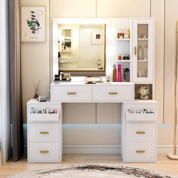 Makeup Vanity Desk with Mirror and 3-Color Lights Large Vanity Desk with Charging Station Vanity Table with 8 Drawer & Glass