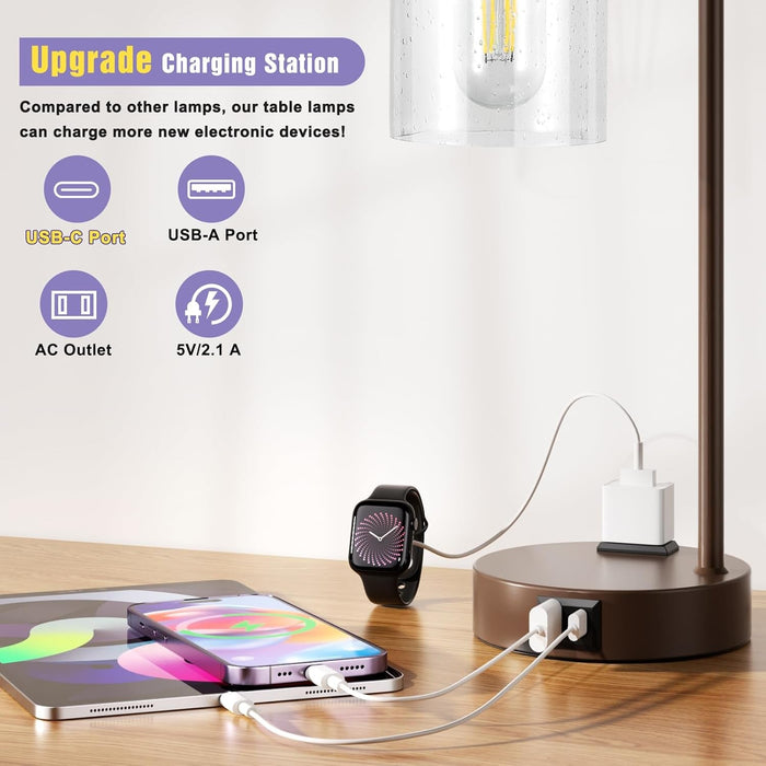Industrial Touch Table Lamps for Bedrooms Set of 2 - 3-Way Dimmable Lamps with USB C+A Ports and Outlet, Brown Bedside Lamps with Seeded Clear Glass Shade for Living Room, Desk Lamps for Home Office
