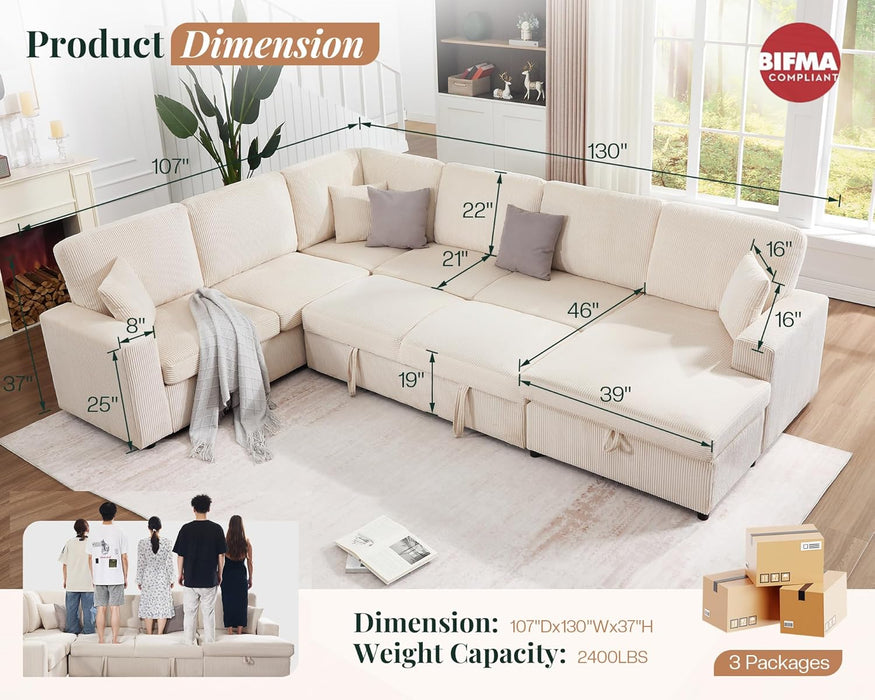 130Inch Beige Upholstered Sleeper Sofa With Storage