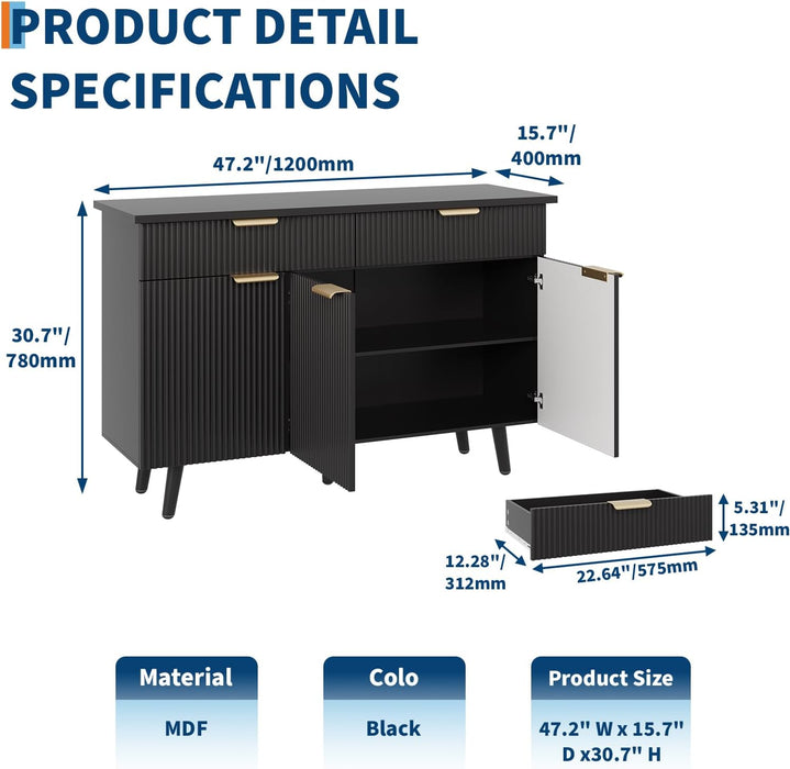 47 in Sideboard Buffet Cabinet, Wood Storage Cabinet with 3 Fluted Doors, Adjustable Shelves and 2 Drawers, Coffee Bar Accent Credenza for Living Room, Dining Room- Black