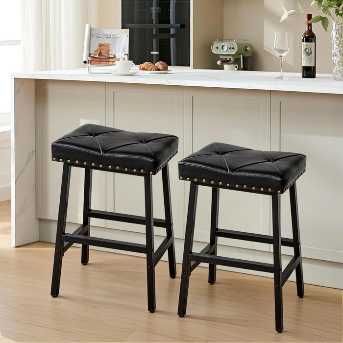 25 Inch Counter Height Stools for Kitchen Island, Bar Stools Set of 2, Kitchen Stools with 3.3'' Thick PU Upholstered Saddle Seats, Backless Barstools Bar Chairs with Metal Base, Black