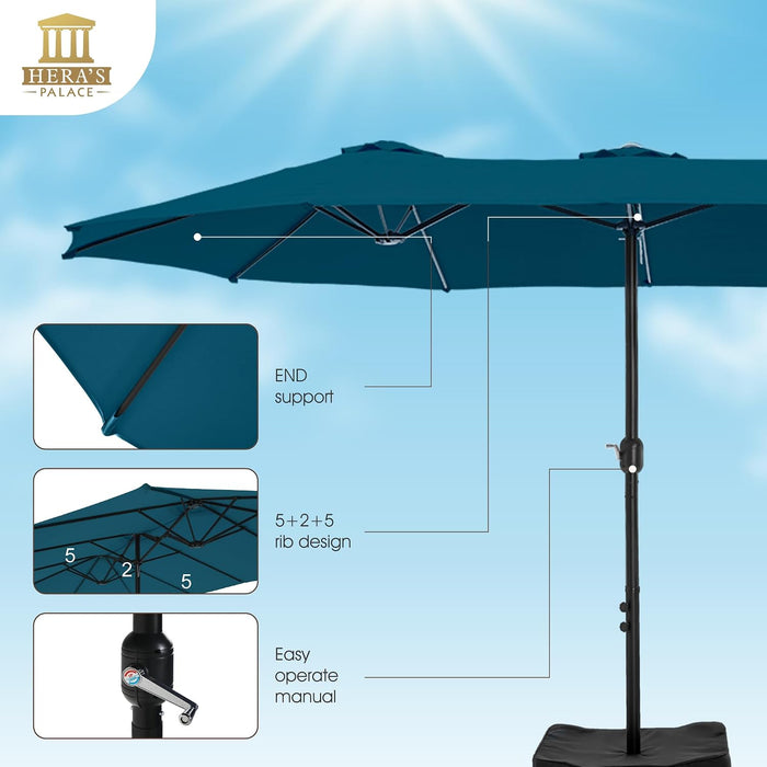 15Ft Patio Umbrella, Base Included, Rectangular, Cerulean | Outdoor, Table, Large, 15, Rectangle, Double, Pool, Stand, Clearance, Outside, Triple, Shade, Sun