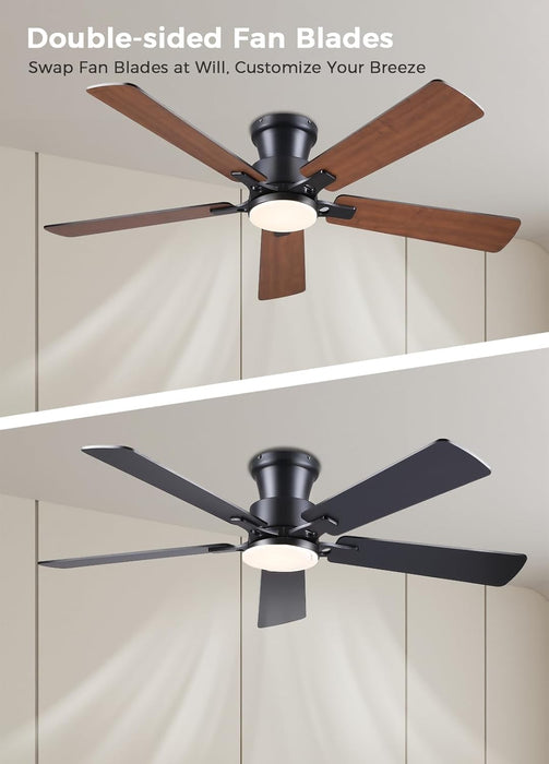 52Inch Ceiling Fan with Lights and Remotes, Modern Smart Flush Mount Ceiling Fans,Dc Reversible Motor, 3CCT Dimmable,Noiseless,Dual Finish, Brown 6 Speeds Ceiling Fan for Indoor/Outdoor