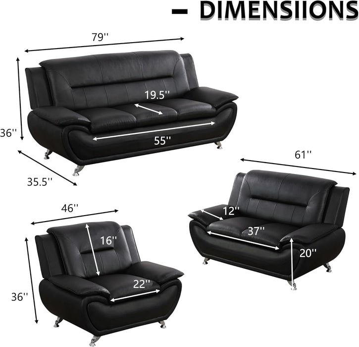 3 Piece Living Room Couch Set, Faux Leather Sofa Set, Modern Sofa Couch Set Living Room Furniture (Sofa+Loveseat+Chair, Black)