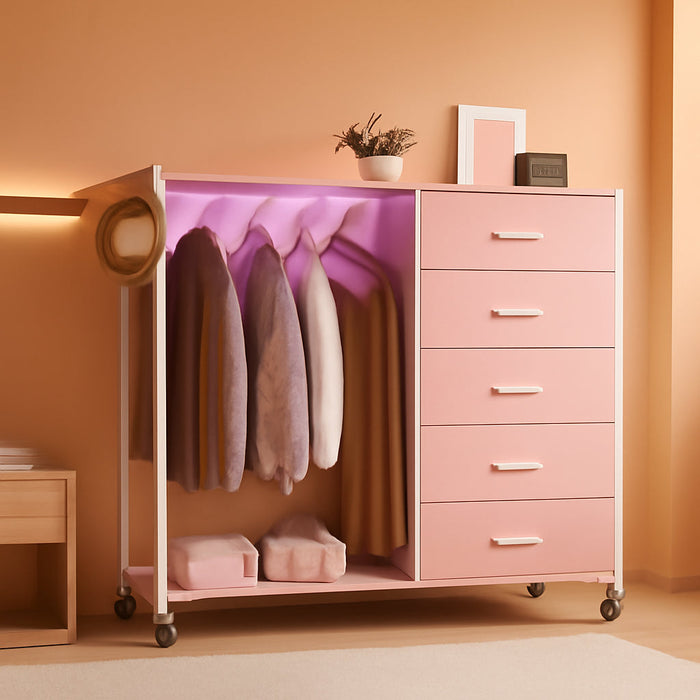 Dresser for Bedroom with Clothes Rack, 5 Drawers Dresser with Charging Station & LED Lights, Pink Storage Chest of Drawers with Wheels, Wooden Top, Lockable Wheels, Bedroom, Closet, Pink
