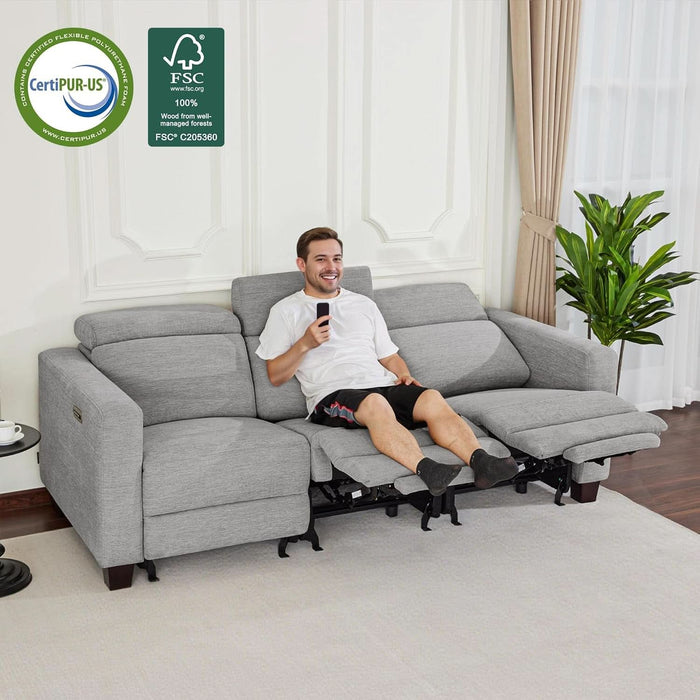 88.6'' Reclining Sofa, Wall Hugger Power Recliner Sofa with Adjustable Headrest, USB a & C Charge Ports, Wood Legs, for Living Room (Fabric, HL198M3) (Grey, 3-Seater)