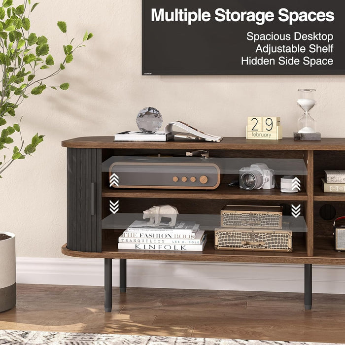 63" Modern Fluted TV Stand for Tvs up to 75 Inch , Gaming Entertainment Center with Tambour Slatted Sliding Doors and Storage Cabinet, Media TV Consoles Table for Living Room, Office, Black