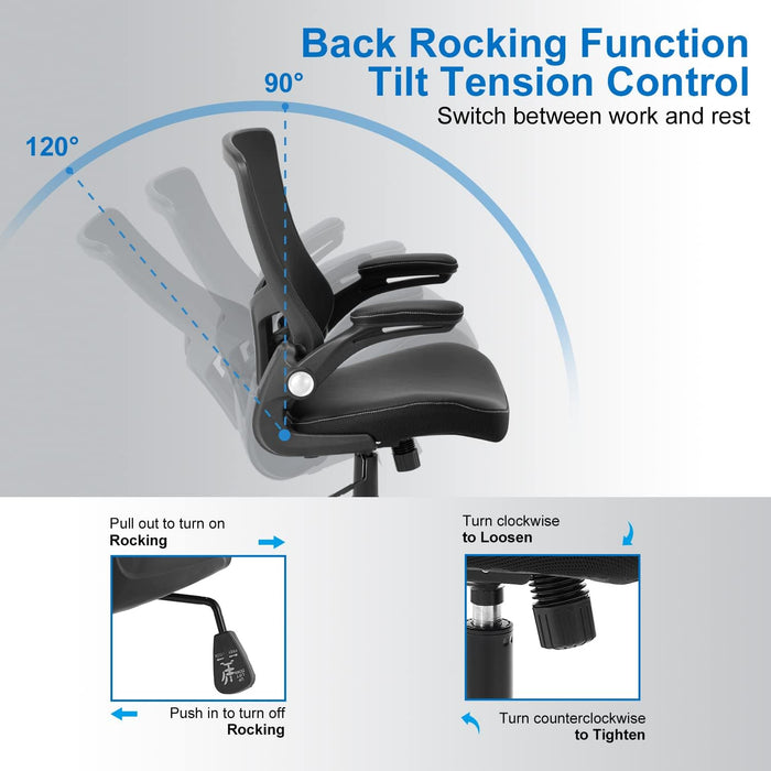 Office Chair Ergonomic Desk Chair, Computer PU Leather Home Office Chair, Swivel Mesh Back Adjustable Lumbar Support Flip-Up Arms Executive Task Chair