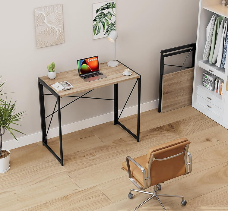 Small Folding Desk 31.5 Inch No Assembly Required Computer Desks, Spaces Saving Foldable Table for Bedroom, Home Office, Dorm, Apartment, Kids, Beech