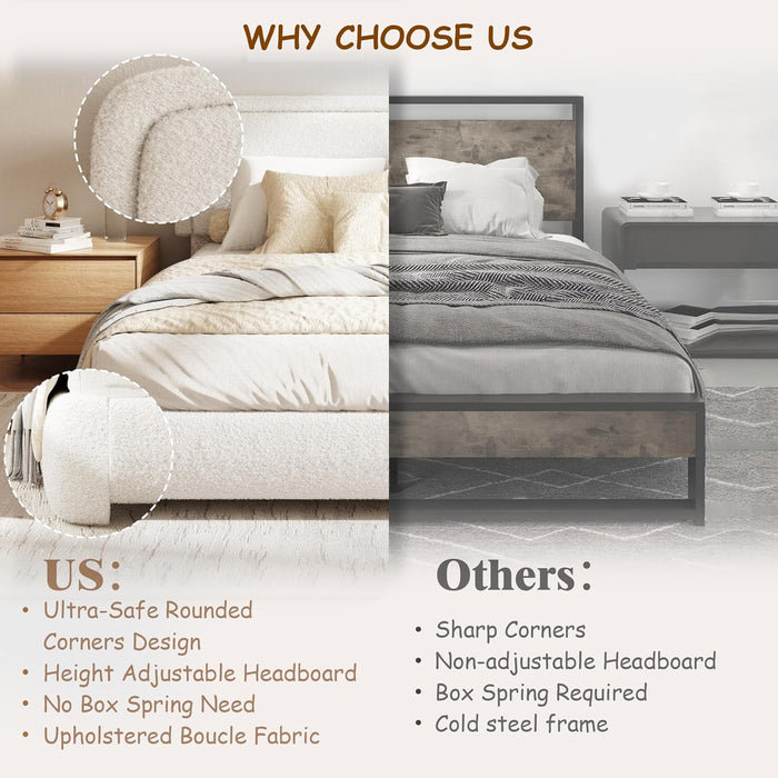 King Size Boucle Bed Frame, Cloud Upholstered Platform Bed with Height Adjustable Headboard & Soft Rounded Corners, No Box Spring Needed, Noise Free, Easy Assembly, White