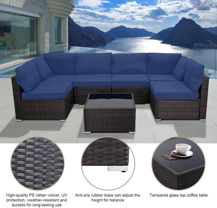 7 Pieces Outdoor Patio Furniture Sets,Rattan Conversation Sectional Set,Manual Weaving Wicker Patio Sofa with Tea Table