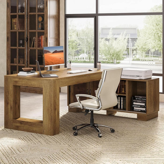 Brown 63InchLong LShaped Desk With Sliding Cabinets