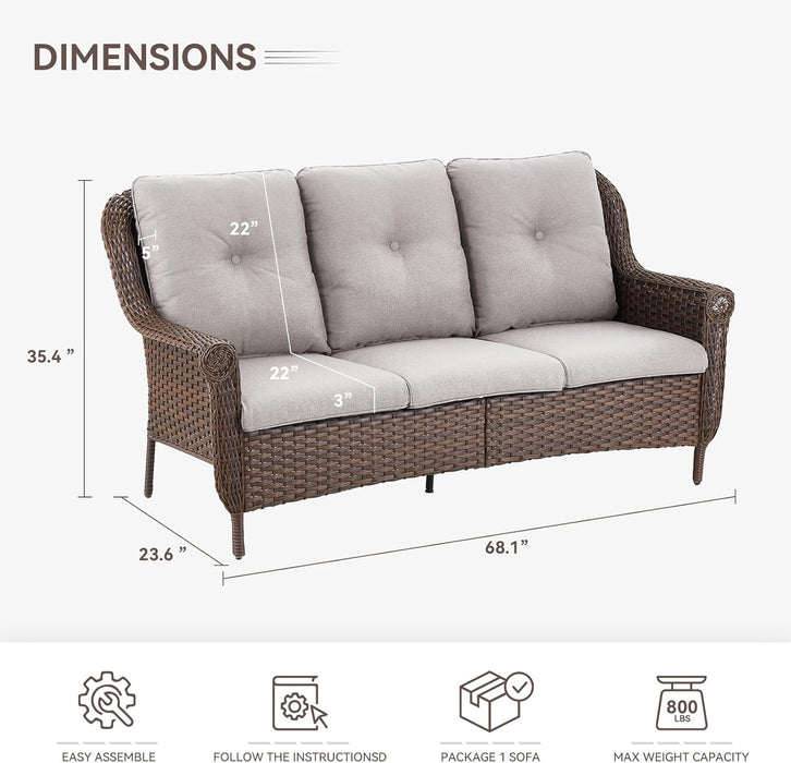 Patio Furniture Set 3PCS Conversation Set Wicker Sofa with 2 Rattan Ottomans Brown Wicker Beige Cushions Chrysanthemum Armest Rattan Couch Set for Garden Balcony Backyard Sunroom