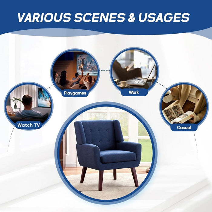 Accent Chair Living Room Chair, Upholstered Button Tufted Armchair, Linen Fabric Sofa Chairs for Bedroom, Living Room, Mid Century Modern Comfy Reading Chair (Dark Blue)