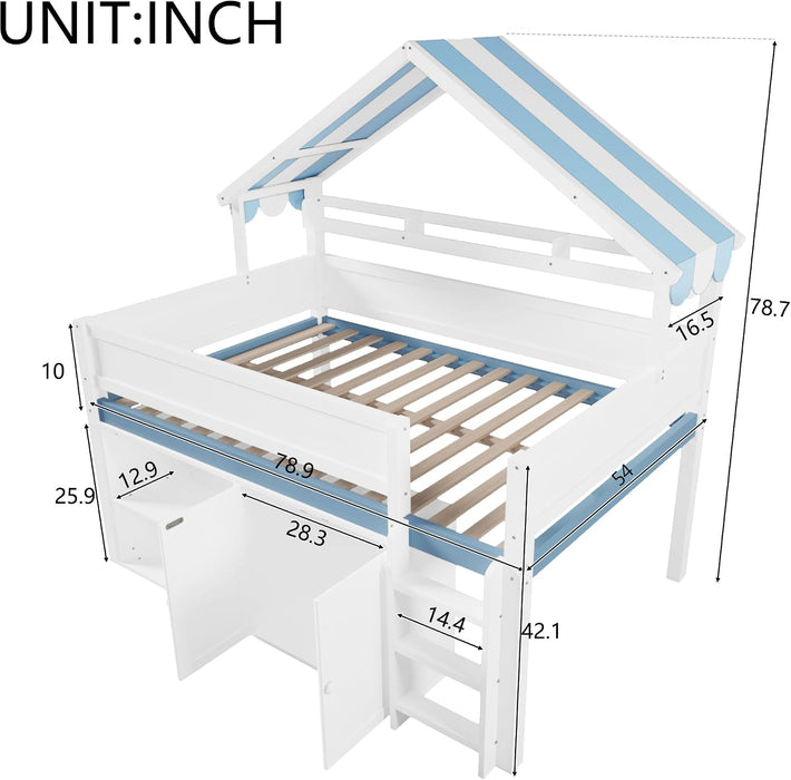 WhiteBlue Full Size Loft Bed WithIntegratedStorage