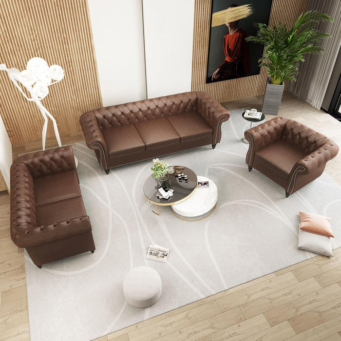 3 Piece Living Room Set, Sectional Chesterfield Sofa Chair Contemporary Upholstered Leather Loveseat Couch Sets for Living Room, Bedroom, Office