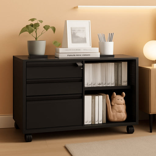 3 Drawer File Cabinet with Lock, Metal Lateral Rolling Printer Stand Office Storage Filing Cabinets for Home Office,A4, Letter,File Folders(Black)
