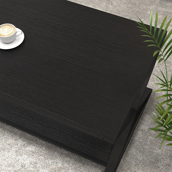 Black Coffee Table Modern, 47 Inch Simple Rectangle Cocktail Table with Storage Display Shelf, 2 Tier Minimalist Industrial Wooden and Metal Center Tea Table for Living Room Office, Black Oak