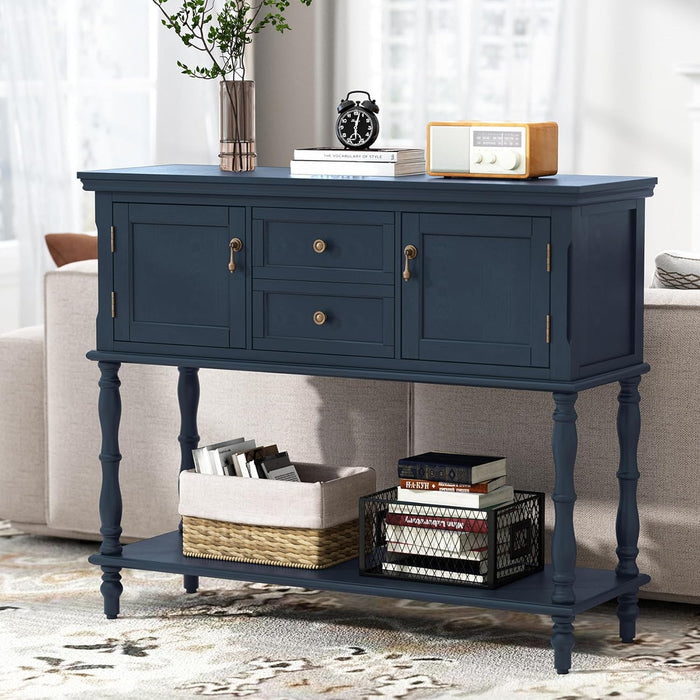 Console Table with 2 Drawers, Retro Entryway Table with 2 Door Cabinets and Open Storage Shelf, Narrow Long behind Couch Sofa Table for Living Room, Foyer, Hallway, Blue