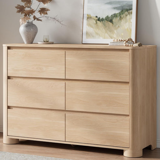 Dresser for Bedroom with 6 Drawers, 47" W Modern Chest of Drawers with Unique Thickened Foot, Rounded Corner Design, Wooden Dresser Organizer for Bedroom, Living Room, Hallway, Natural Oak