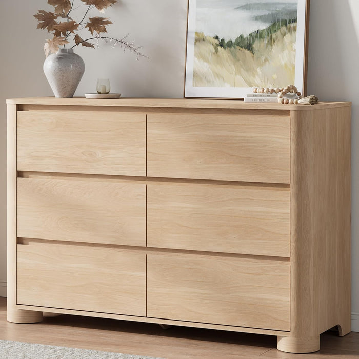 Dresser for Bedroom with 6 Drawers, 47" W Modern Chest of Drawers with Unique Thickened Foot, Rounded Corner Design, Wooden Dresser Organizer for Bedroom, Living Room, Hallway, Natural Oak