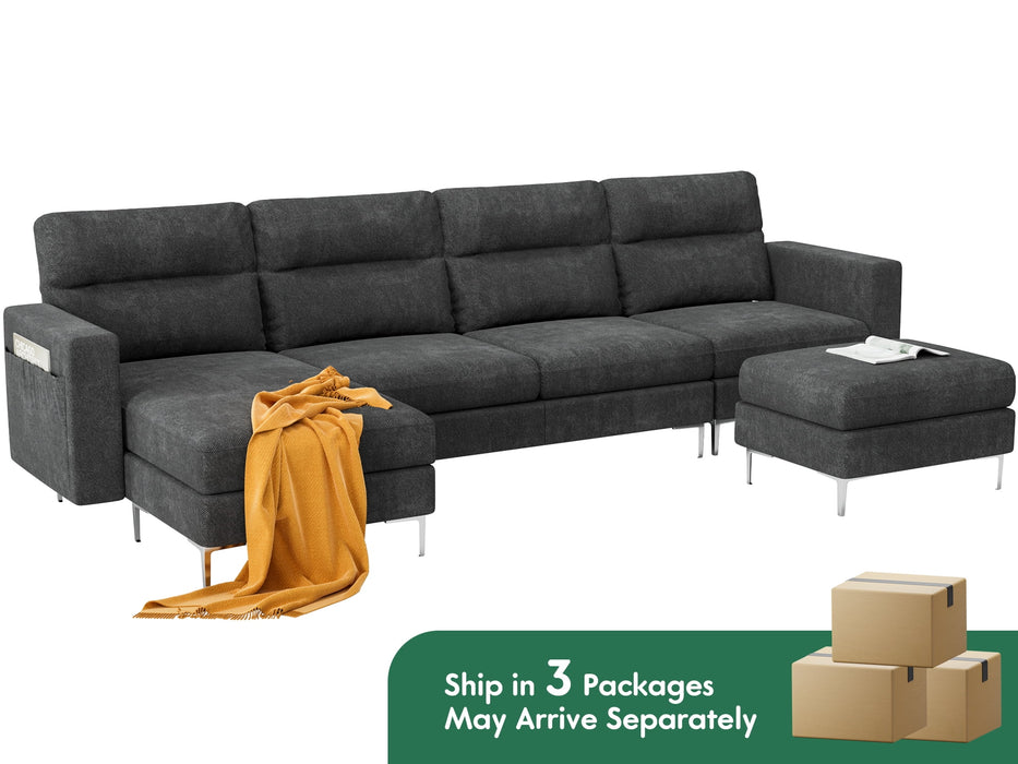 U-Shape Sectional Sofa with Chaise and Ottoman, Movable Modular Couch with Fabric Thick Cushion for Living Room, Dark Grey