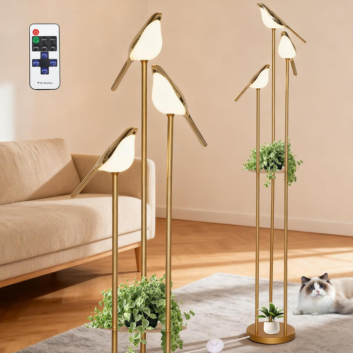 𝑼𝒑𝒈𝒓𝒂𝒅𝒆 Unique Gold Floor Lamps for Living Room, with 3 Adjustable LED Bird Lights and Storage Shelf, Brightness Adjustable, Stand up Lamp for Bedroom Kids Room Office