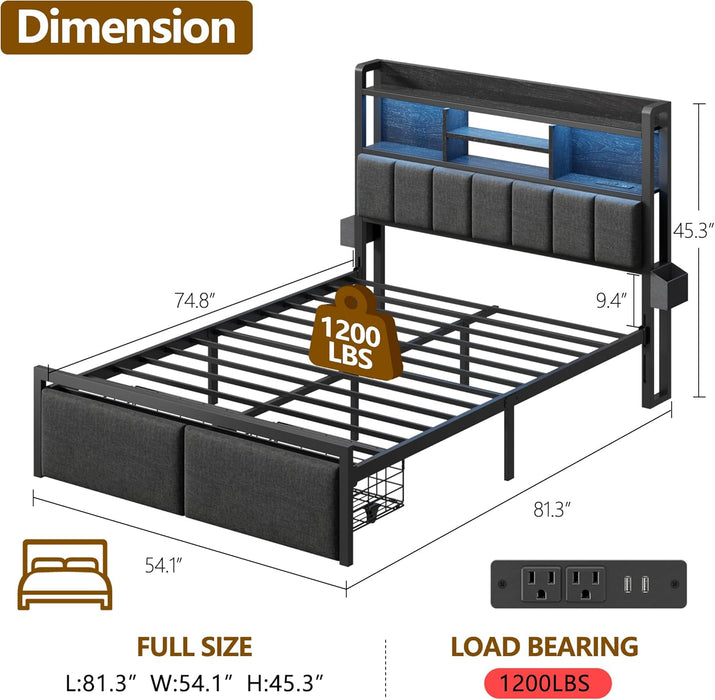 Full Size Bed Frame with Upholstered Headboard, Bed Frame Full with Storage Drawers, Charging Station & LED Lights, Metal Platform No Box Spring Needed, Noise Free, Black (1200 Lbs Capacity)