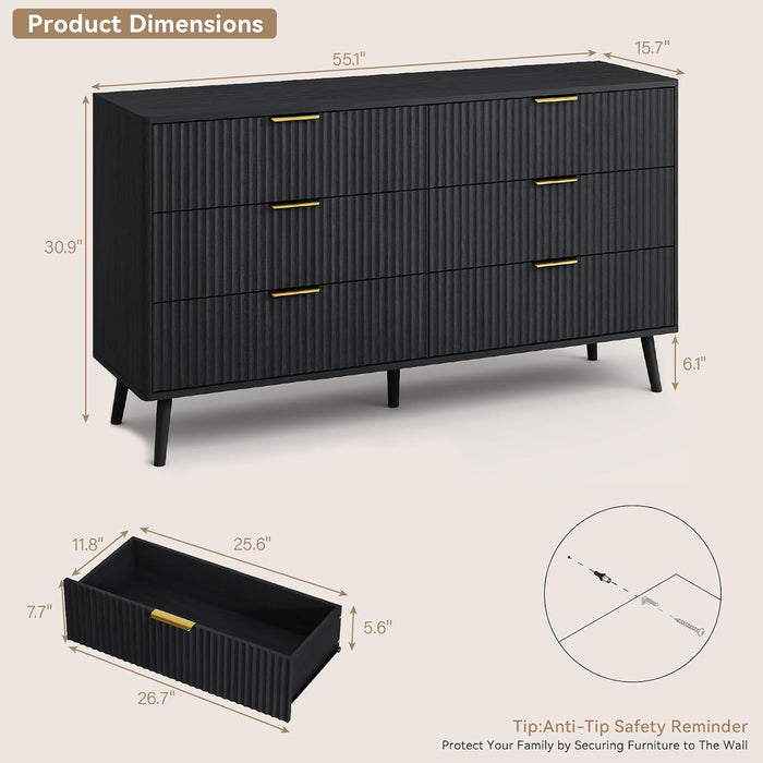 Fluted 6 Double Drawers Dresser for Bedroom, 55”Wide Modern Chest of Drawers with Deep Drawers,Curved Profile Design, Wood Drawer Organizer for Living Room, Hallway, Dark Black