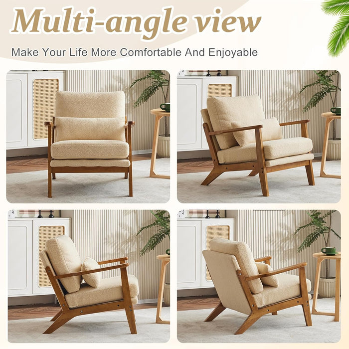 Solid Wood Wide Armrests Accent Chair,Upholstered Mid Century Modern Chair with Pillow,Comfy Reading Chair Farmhouse Arm Chair,Chairs Living Room,Bedroom,Guest Room,Teddy Fleece,Khaki