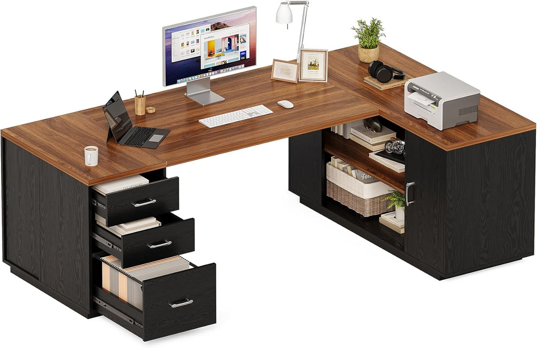87-Inch Modern Executive Desk with File Cabinet, Large Home Office Desk with Drawers, 3-Drawer Wooden File Cabinet, Spacious Workstation for Home Office (Brown & Black)