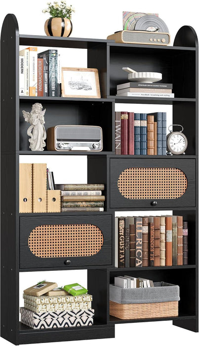 Bookshelf and Bookcase with 2 Rattan Design Flip-Top Storage Cabinets, 6 Tier 8 Cube Bookcases Storage Shelves Organizer for Living Room, 43.3" Black