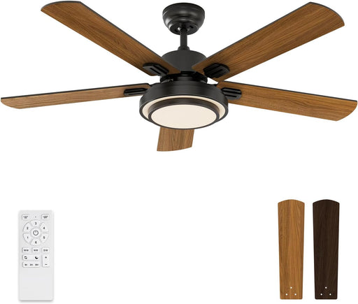 Indoor Ceiling Fans with Lights and Remote Control, 52 Inch, 6 Speeds Reversible DC Motor, 3 Color Dimmable Light, Timer, Noiseless, Black/Dark Walnut, 5-Blades