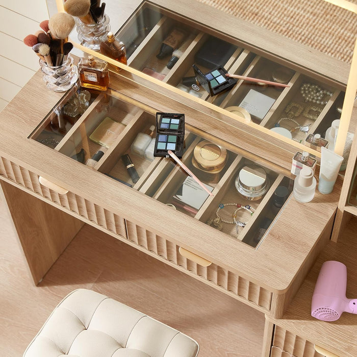 Vanity Desk with Mirror and Lights, 43.5'' Fluted Makeup Vanity with 6 Drawers and Adjustable Shelves, Glass Top Make up Vanity, Girls Wood Dressing Table with Power Outlet for Bedroom