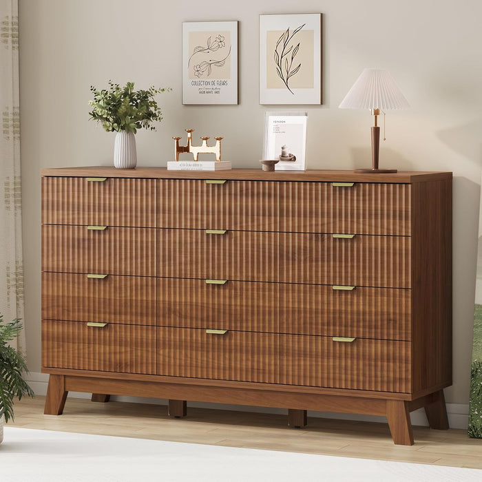 Fluted Dresser for Bedroom with 12 Drawers, 57" Wide Modern Chest of Drawers with Metal Handle, Wooden Dresser TV Stand, Wood Closet Clothes Storage Organizer for Living Room, Hallway, Walnut